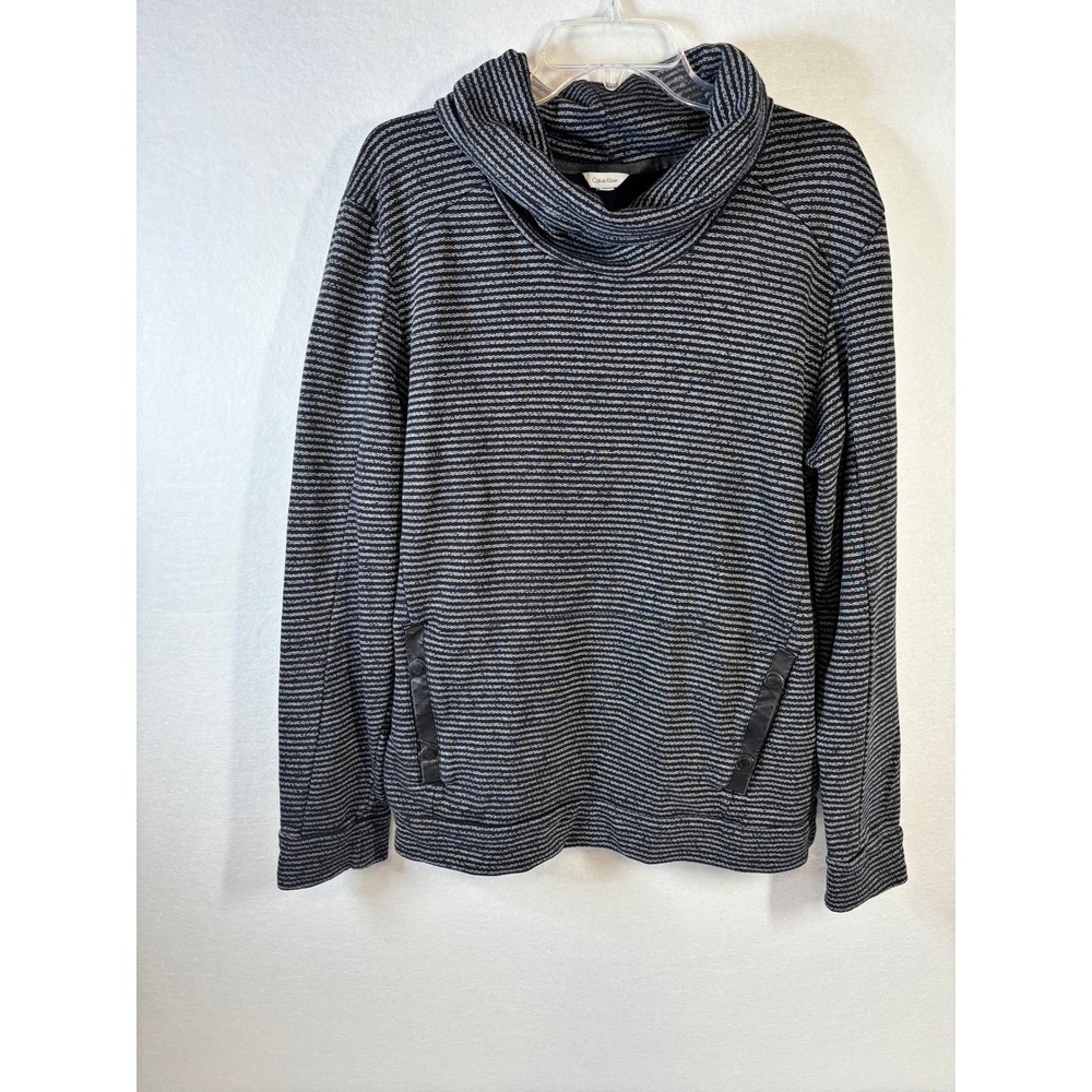 Calvin Klein Womens Striped Cowl Neck Sweatshirt Black White Pockets Size L